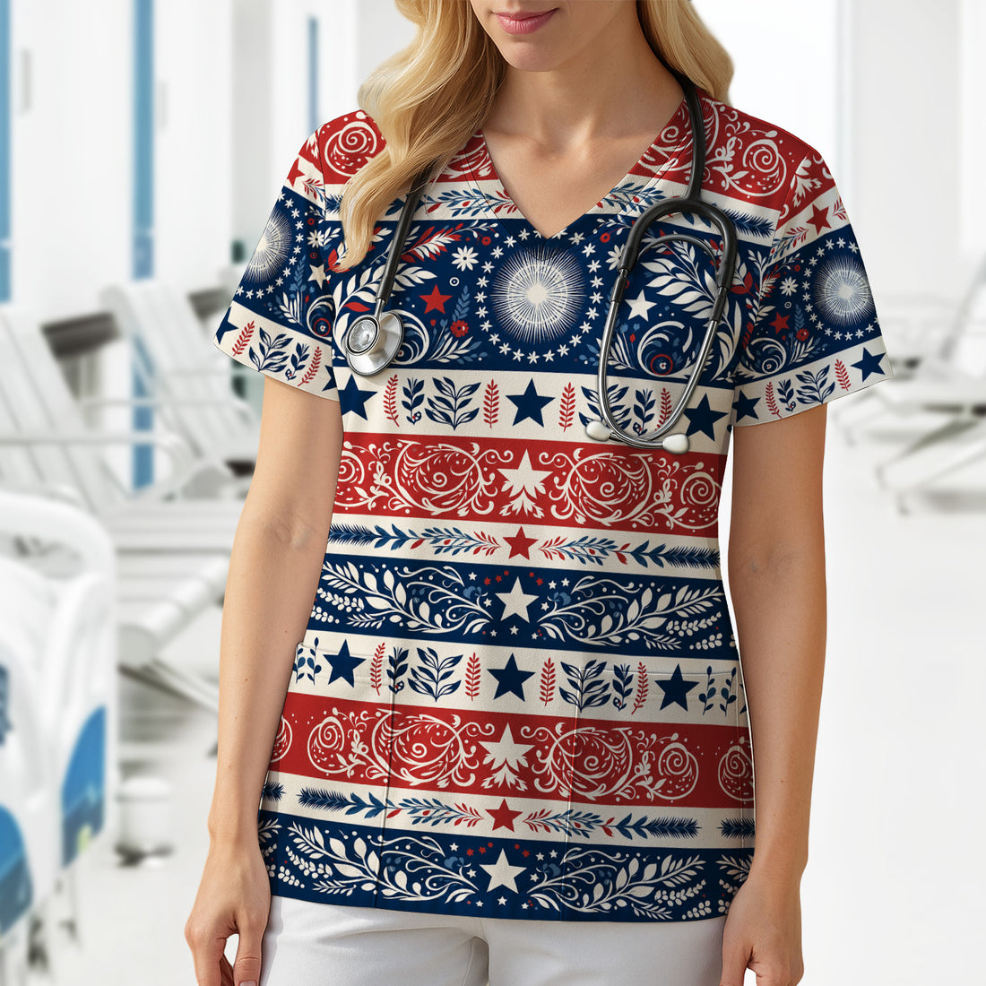 Patriotic Americana Starburst Floral Pattern Scrub Top, Comfortable Scrubs for Nurses