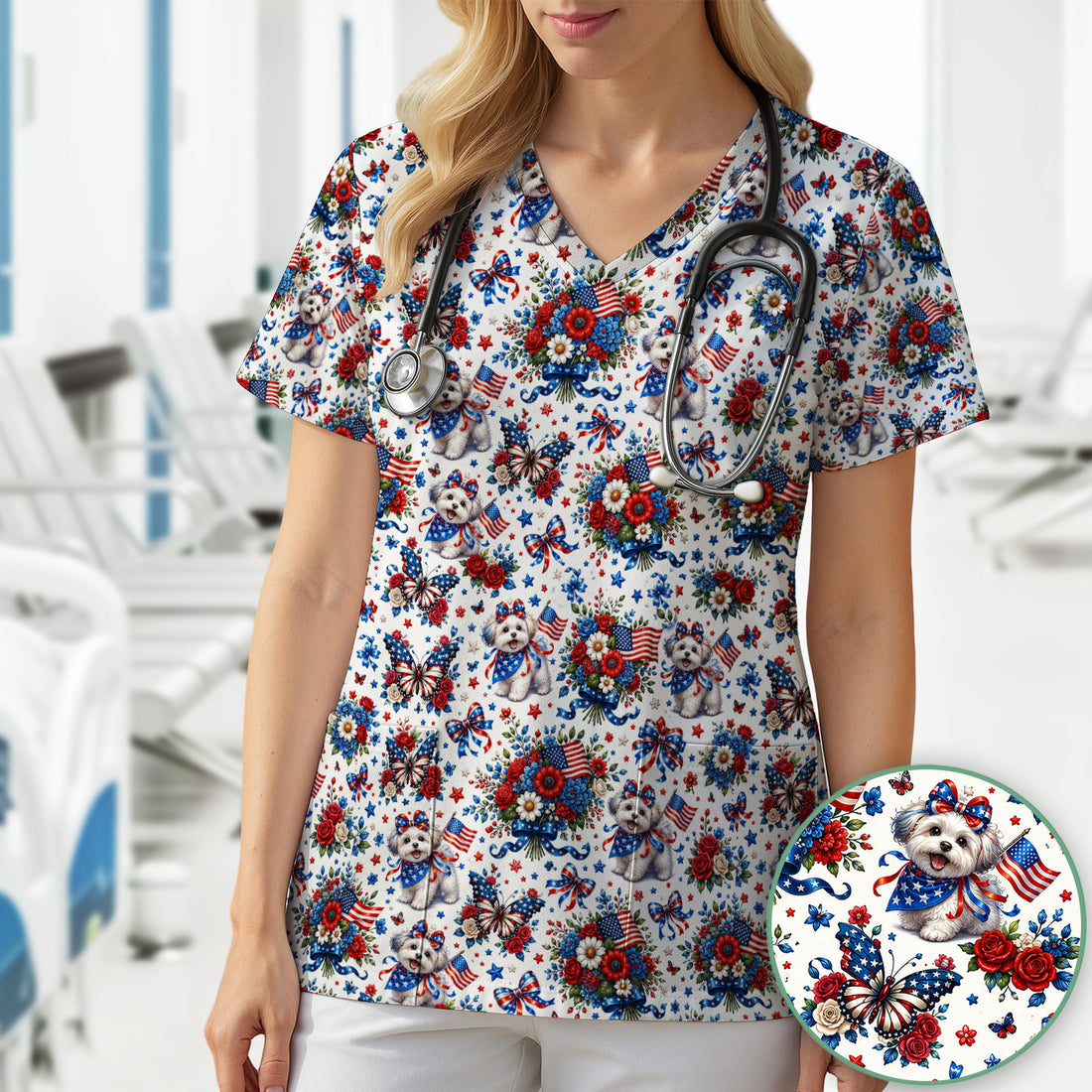 Patriotic Puppy Floral Bouquet Pattern Scrub Top, Comfortable Scrubs for Nurses