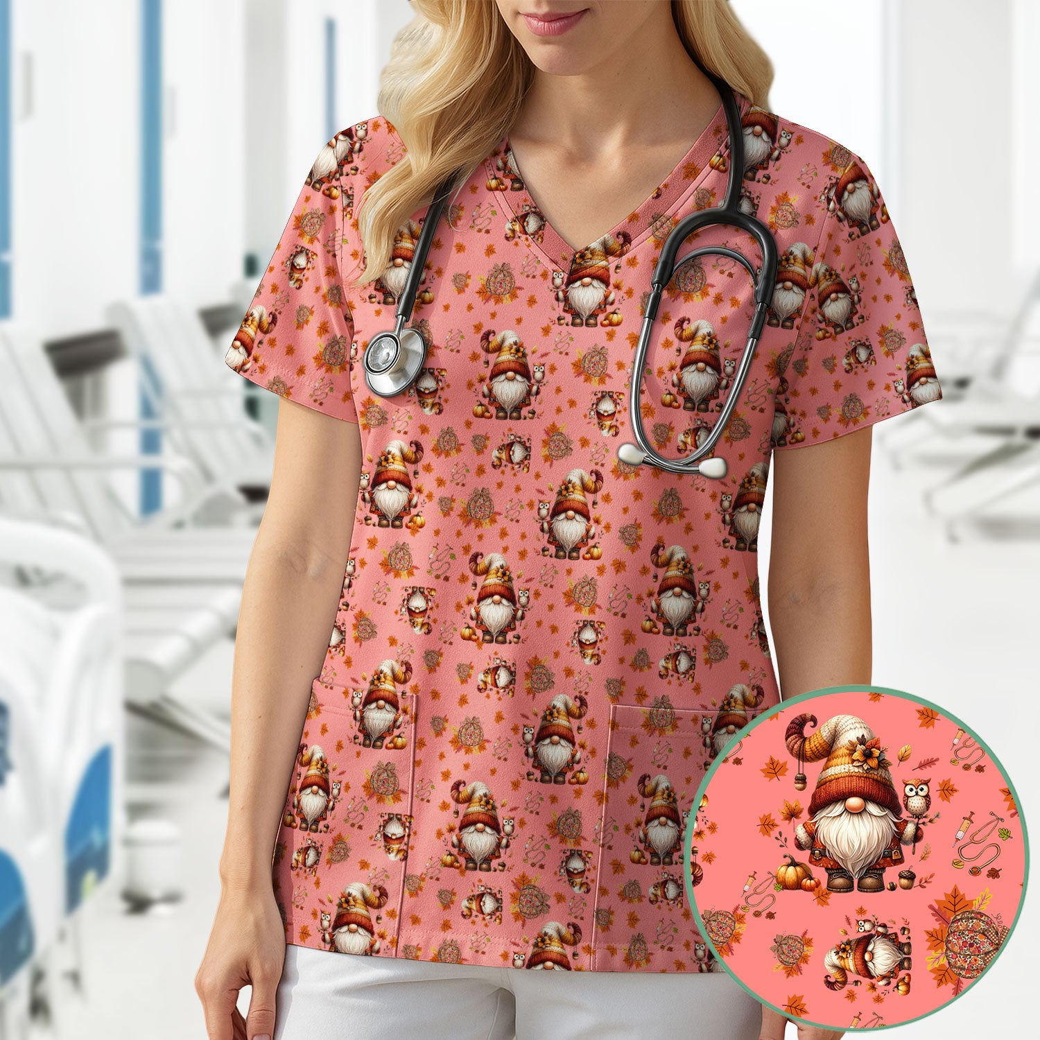 Autumn Leaves Pumpkin Scrubs for Women - Comfortable Scrubs for Nurses - Breathable Fabrics Nursing Uniform