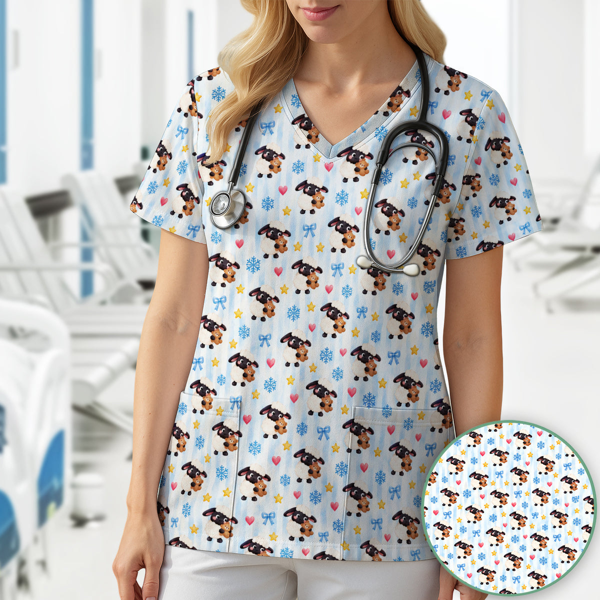 Cute Winter Lambs Holding Teddy Bears Scrub Top, Comfortable Scrubs for Nurses