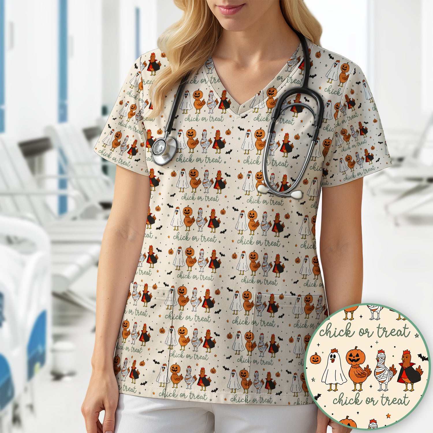 Funny Chick Or Treat Season Scrub Top, Comfortable Scrubs for Nurses