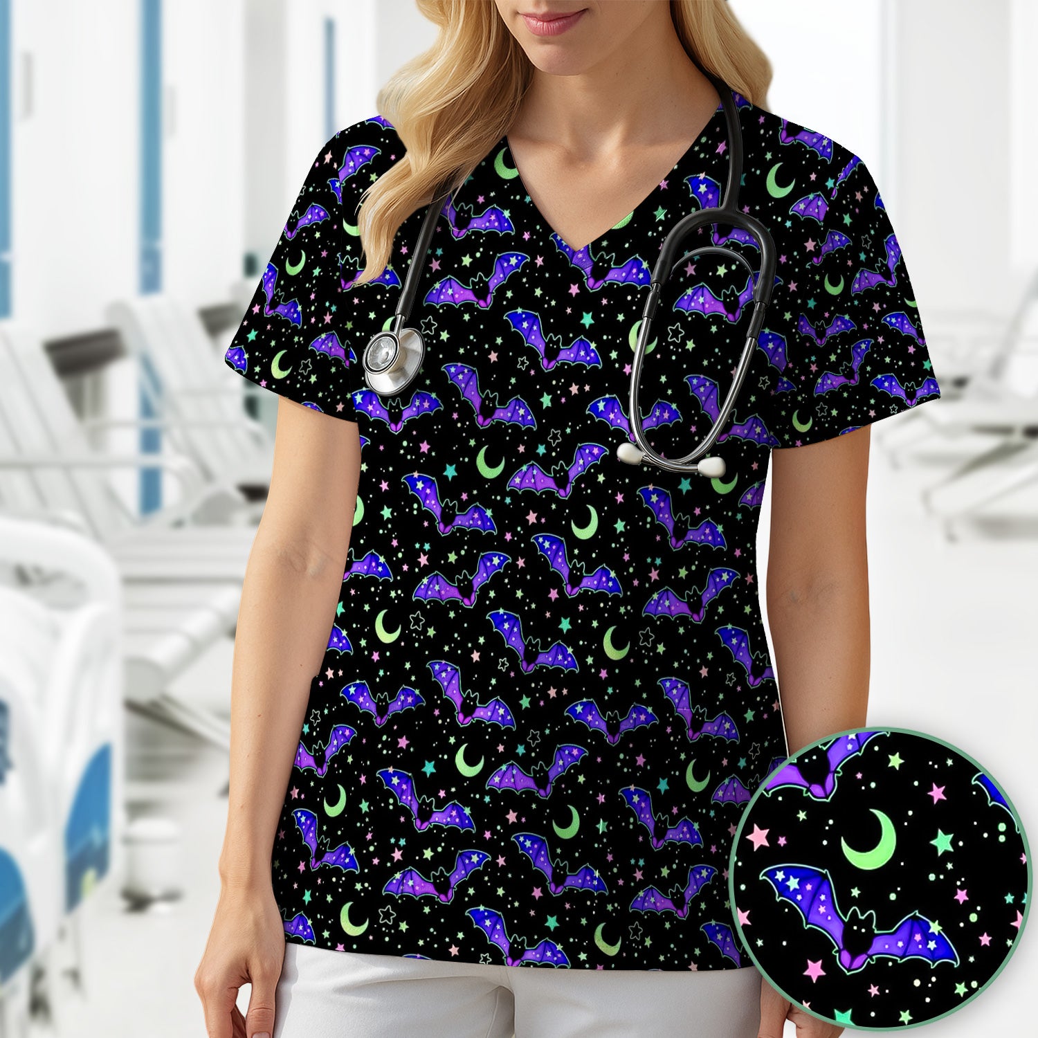 Spooky Halloween Celestial Bat Scrub Top, Comfortable Scrubs for Nurses