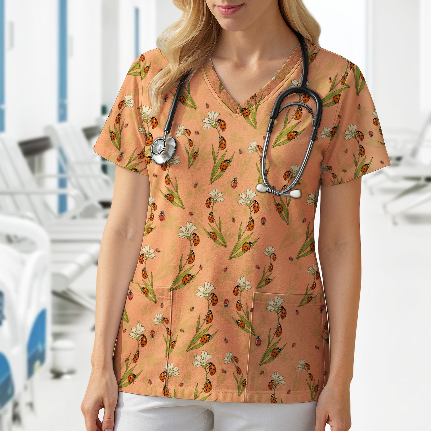 Fresh Daisy Ladybug Garden Pattern Scrub Top, Comfortable Scrubs For Nurses