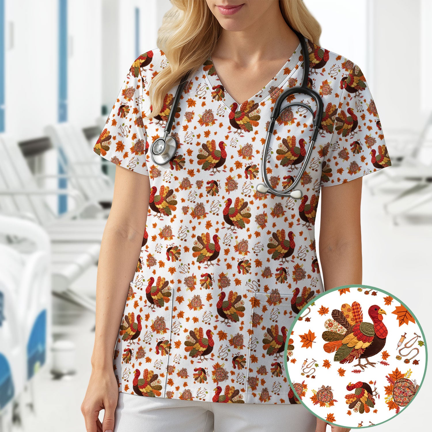 Fall Leaves Thanksgiving Scrubs for Nurses - Comfortable Scrub Tops - Turkey Nursing Uniform Gift for Women