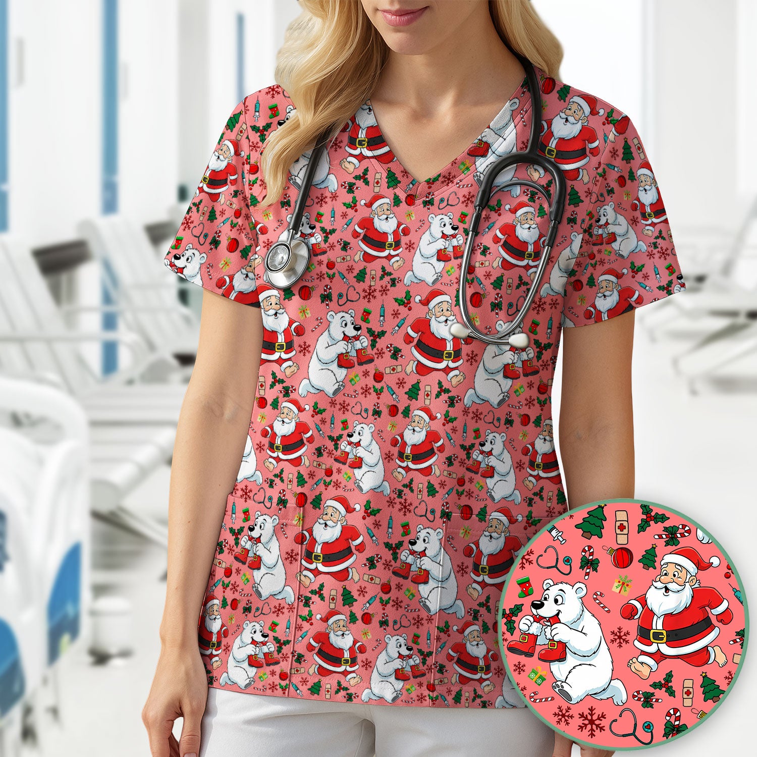 Christmas Santa & Polar Bear Scrub Top - Funny Holiday Nurse Shirt for Women - Cute Winter Medical Uniform