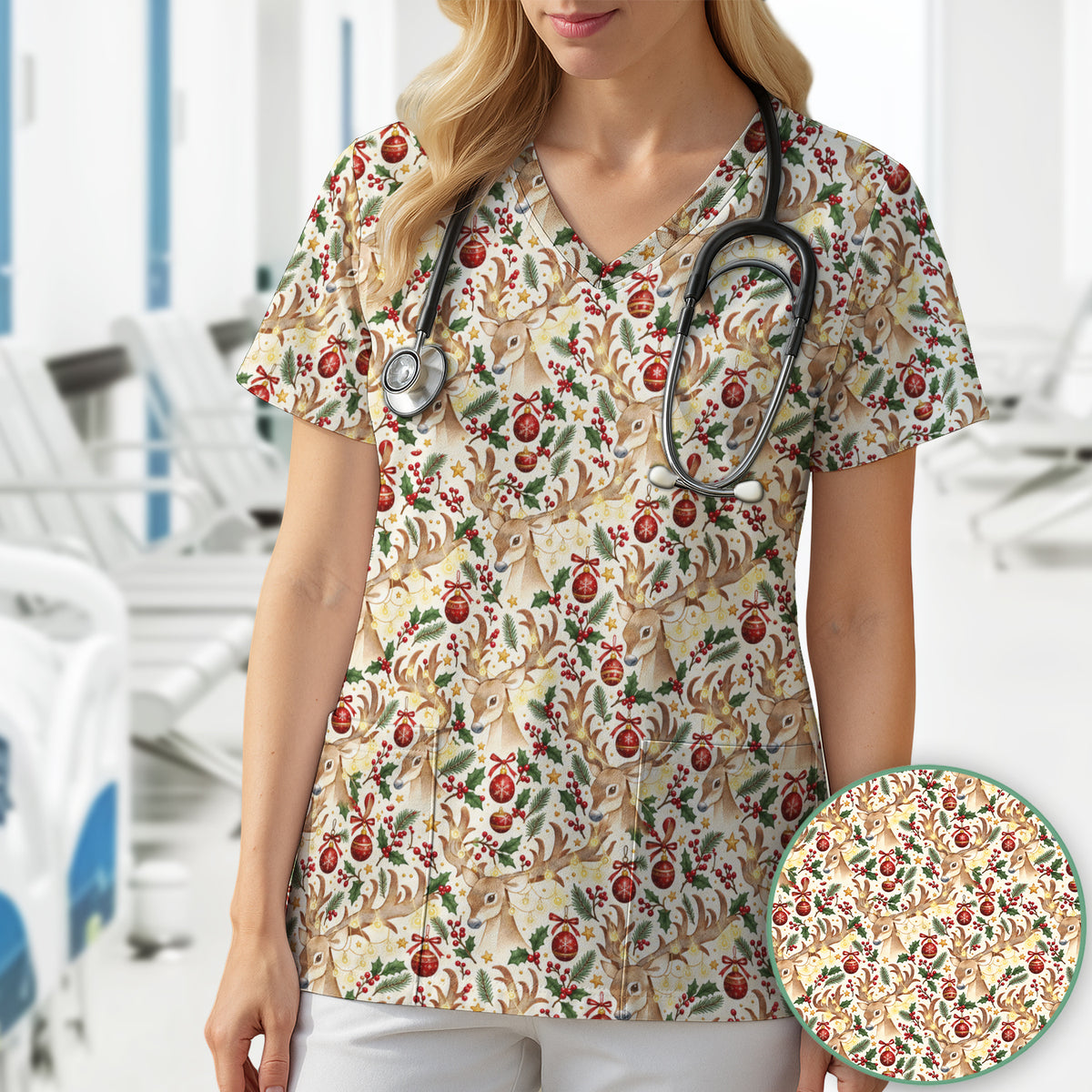 Christmas Reindeer And Holly Scrub Top, Comfortable Scrubs for Nurses
