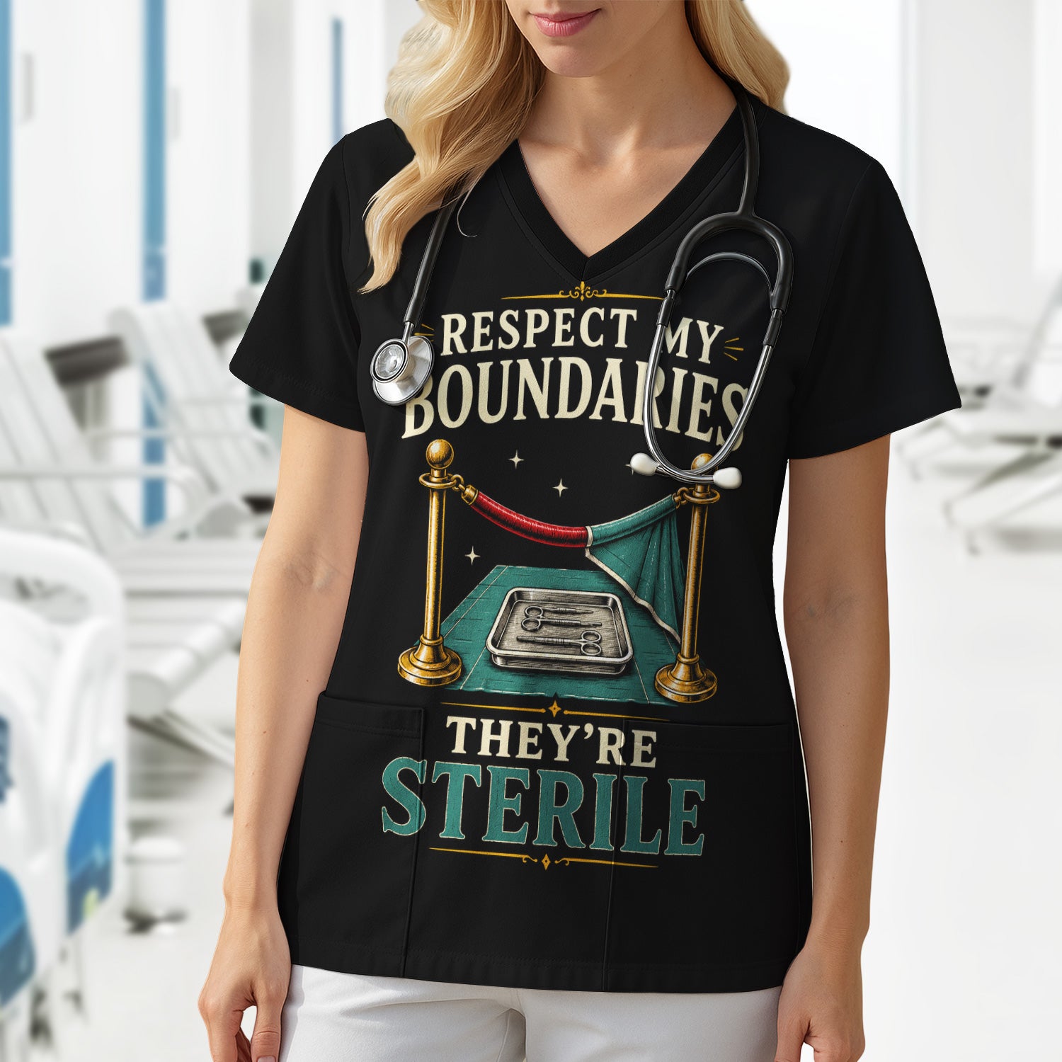 Funny Respect My Sterile Boundaries Pattern Scrub Top, Comfortable Scrubs for Nurses