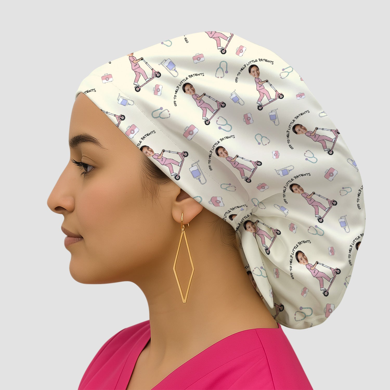 Custom Face Pediatric Nurse Scooter Pattern Scrub Cap, Surgical Caps for Doctors