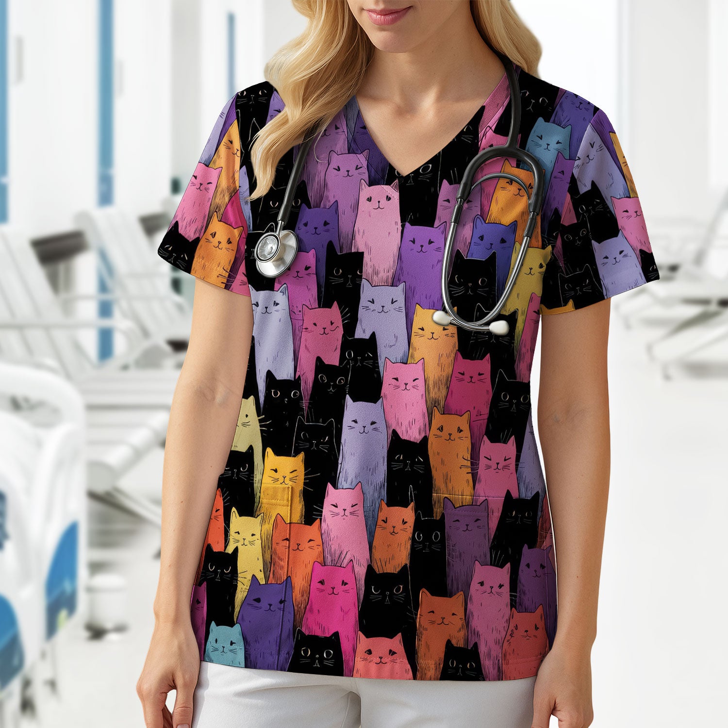 Colorful Cat Art Medical Pattern Scrub Top, Comfortable Scrubs for Nurses