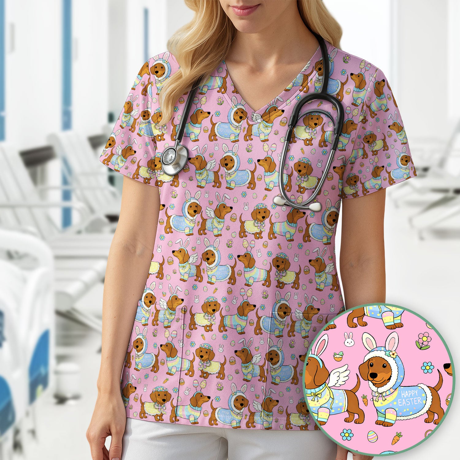 Easter Dachshund Bunny Print Scrub Top, Breathable Fabrics Nursing Uniform