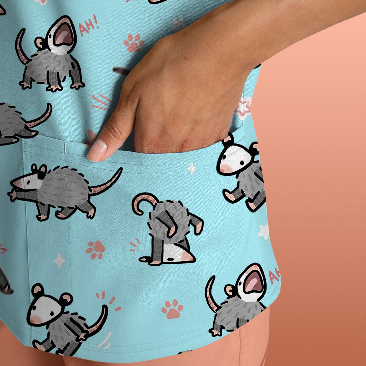 Playful Cartoon Opossum Character Pattern Scrub Top, Breathable Fabrics Nursing Uniform