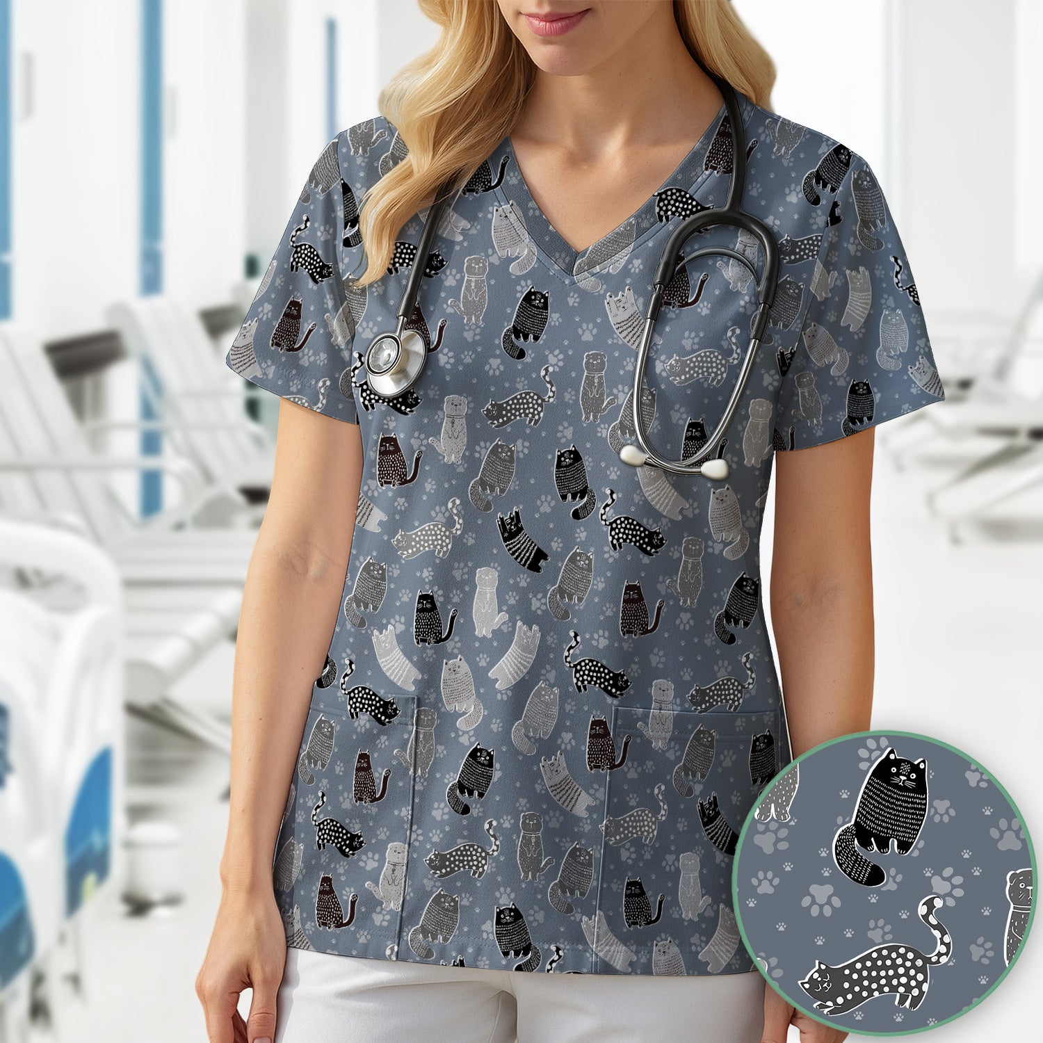 Cute Cat and Paw Print Pattern Scrub Top, Breathable Fabrics Nursing Uniform