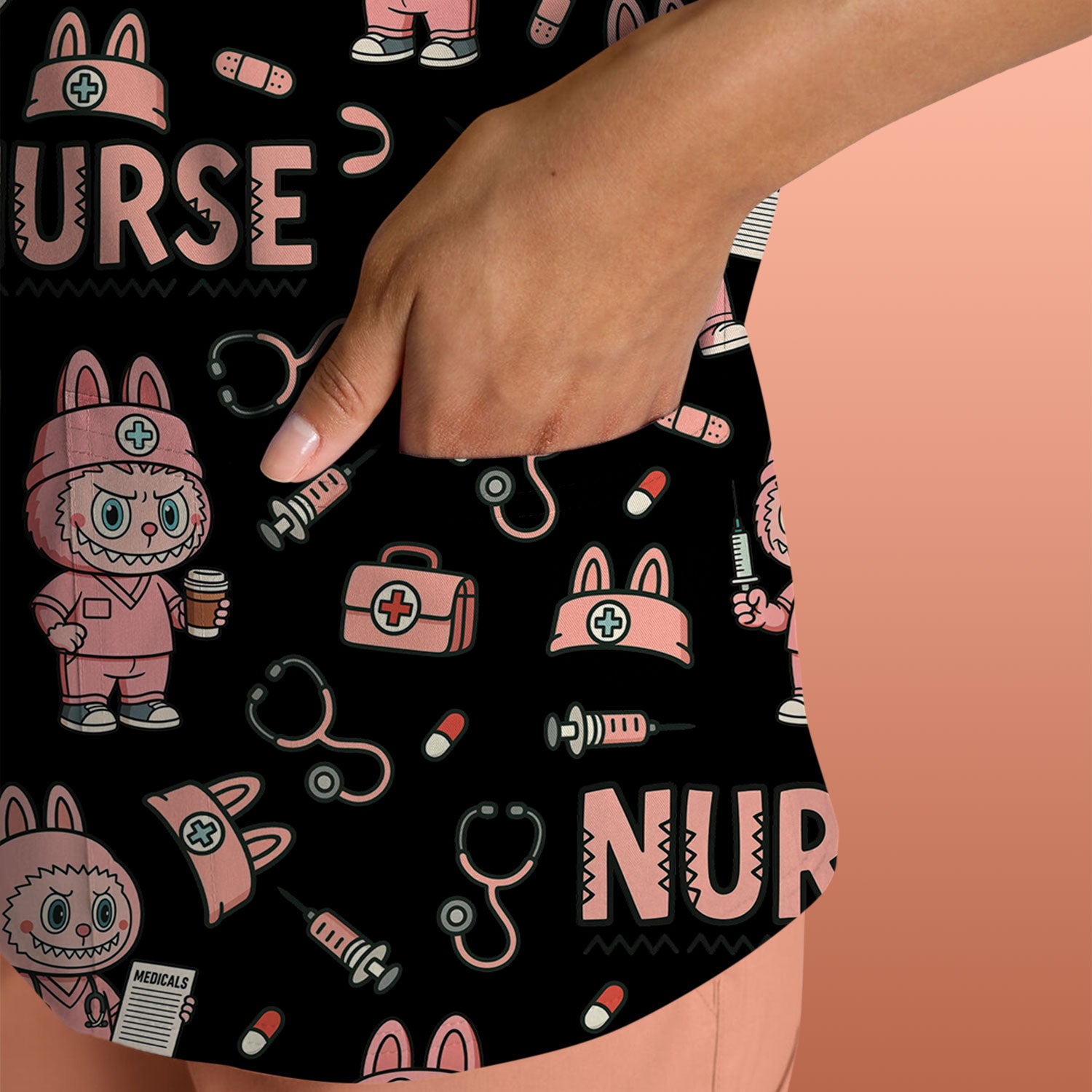 Bunny Cartoon Nurse Scrub Shirt  Cute Medical Top for Women CNA RN Doctor - Fun Scrubs Gift Idea for Nurses, Students, Holiday Season