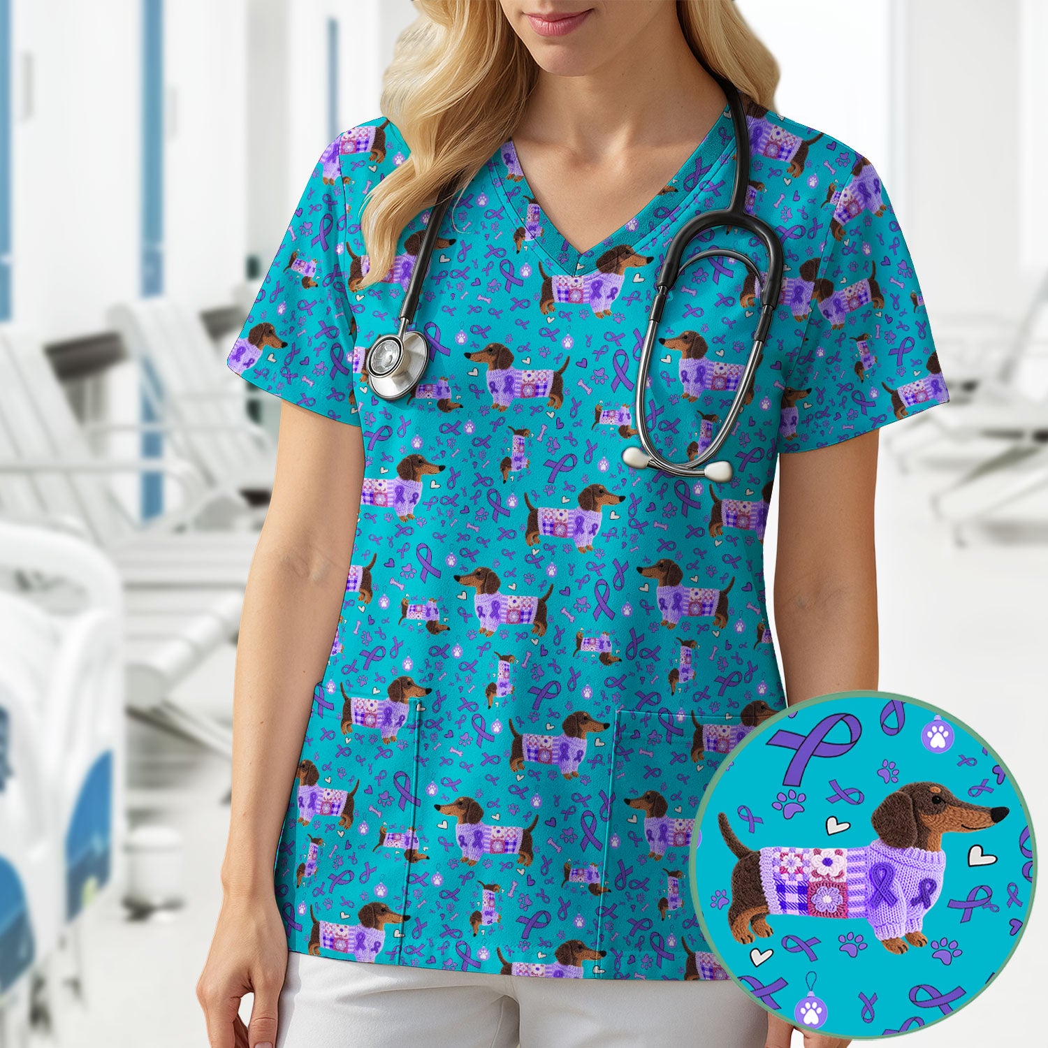 Wiener Dog Purple Ribbon Cancer Awareness Scrub - Breathable Fabrics Nursing Uniform - Comfortable Scrubs for Nurses