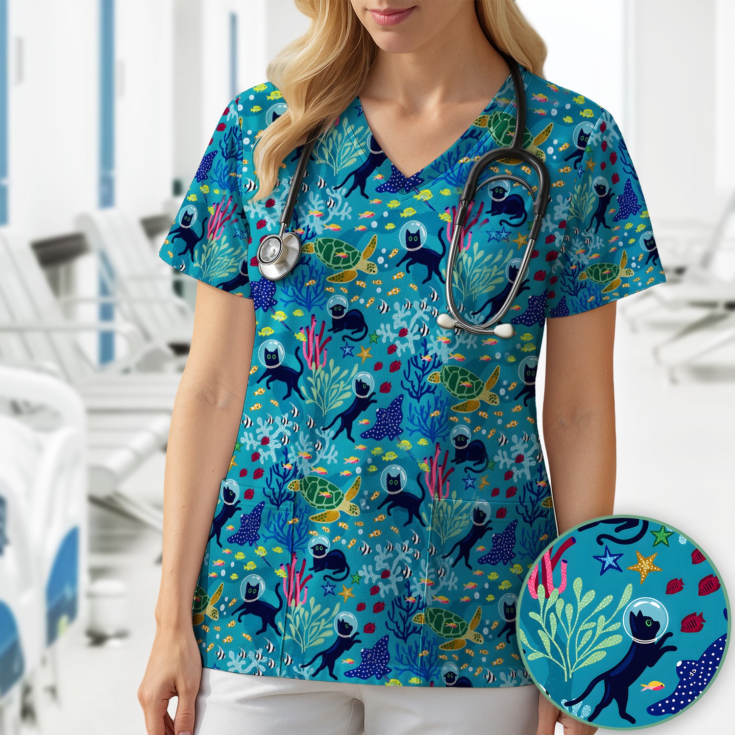 Underwater Cat Turtle Veterinary Pattern Scrub Top for RN, CNA, Ocean Medical Uniform