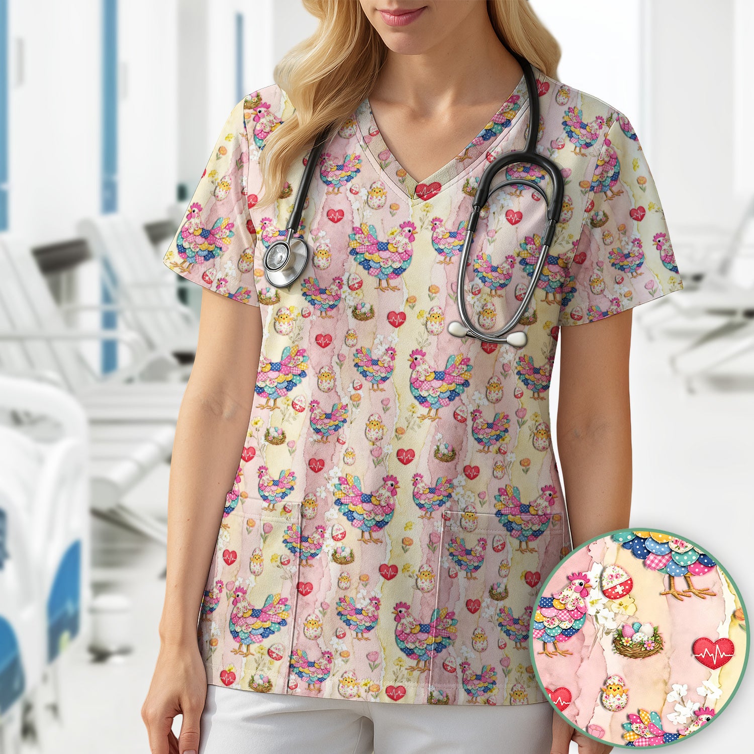 Colorful Chicken Easter Eggs Heart Pattern Scrubs Top, Breathable Fabrics Nursing Uniform