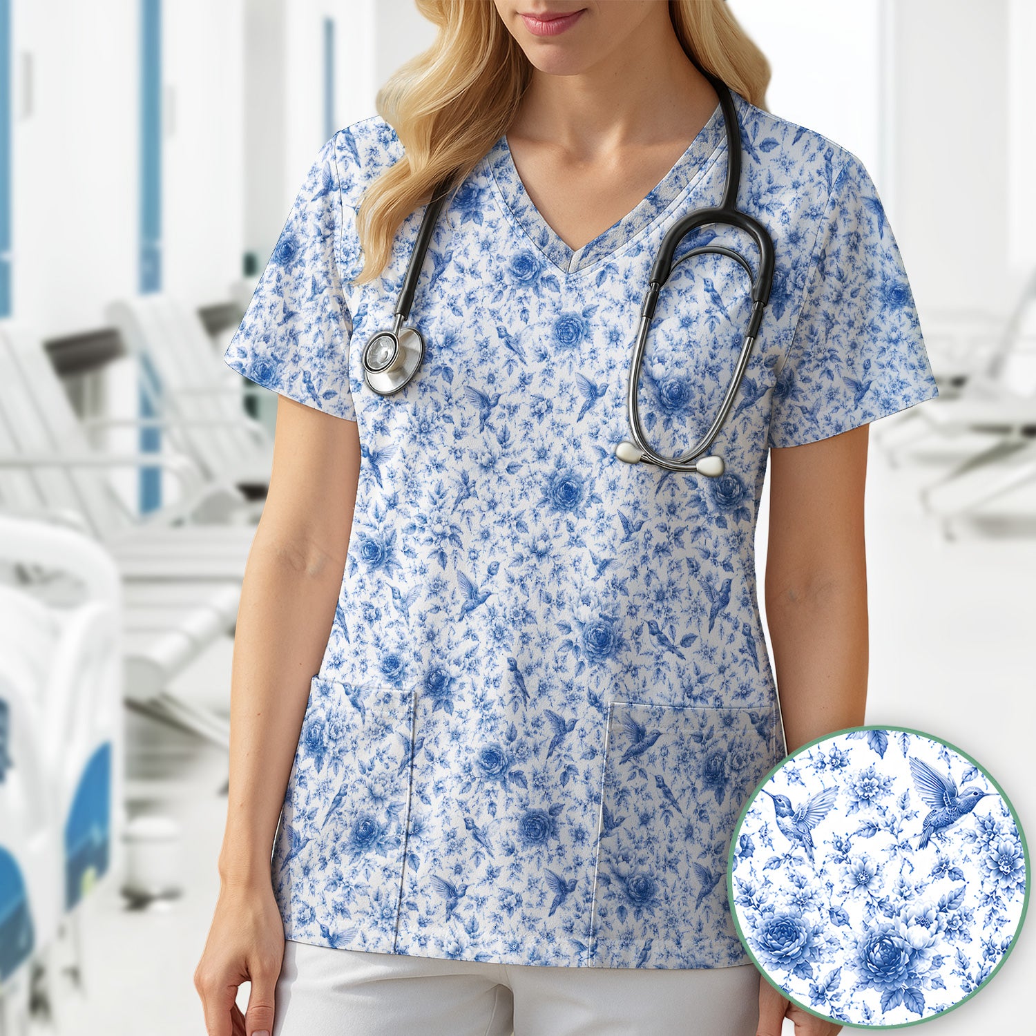 Blue Floral Hummingbird Toile Pattern Scrub Top, Comfortable Scrubs for Nurses