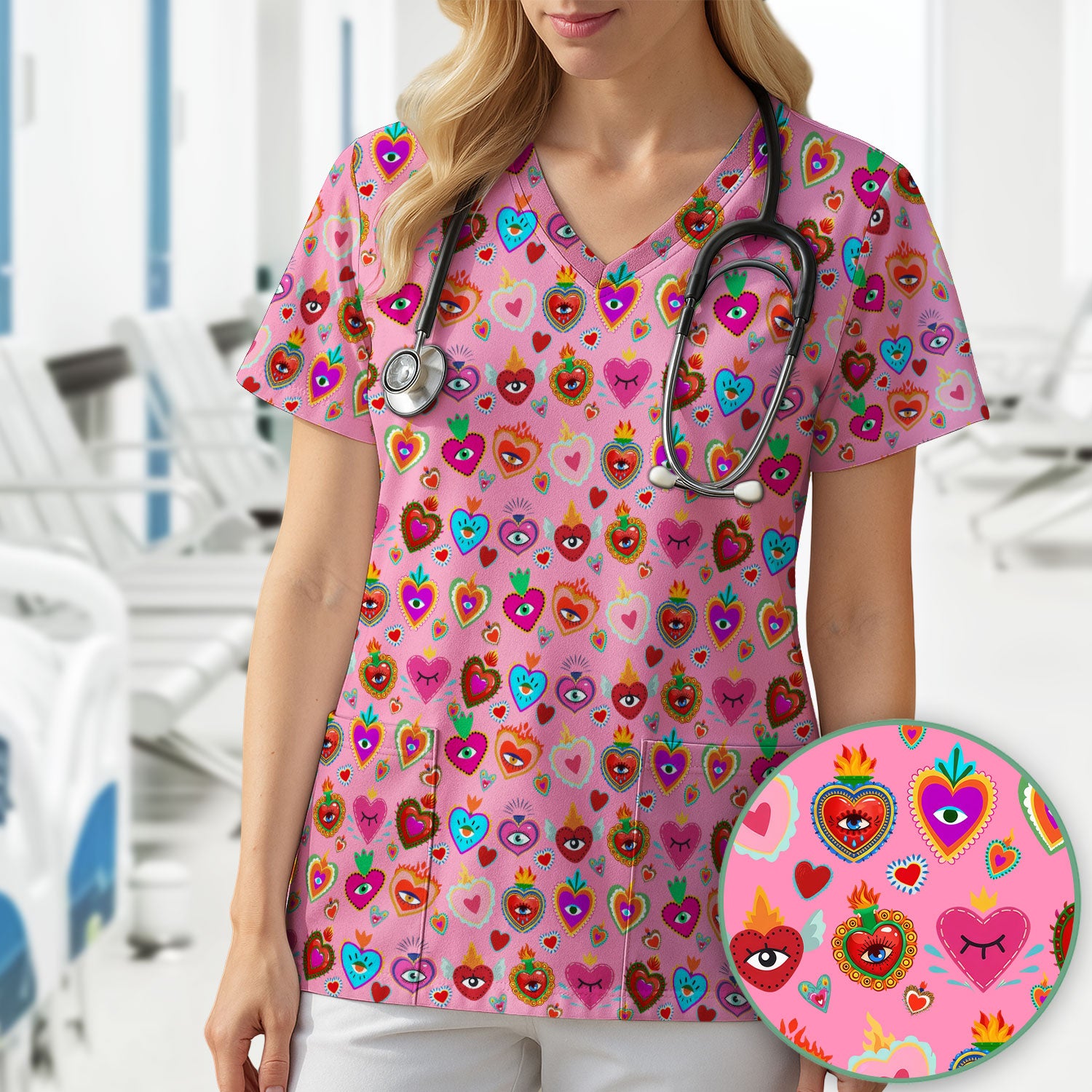 Valentine Colorful Sacred Heart Print Medical Scrub Top, Comfortable Scrubs for Nurses