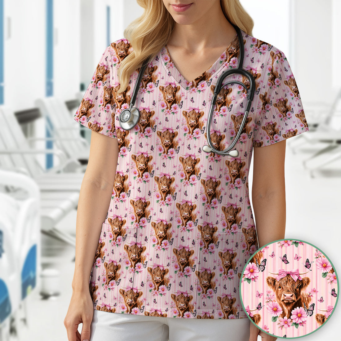 Pink Highland Cow Floral Scrub Top, Comfortable Scrubs for Nurses