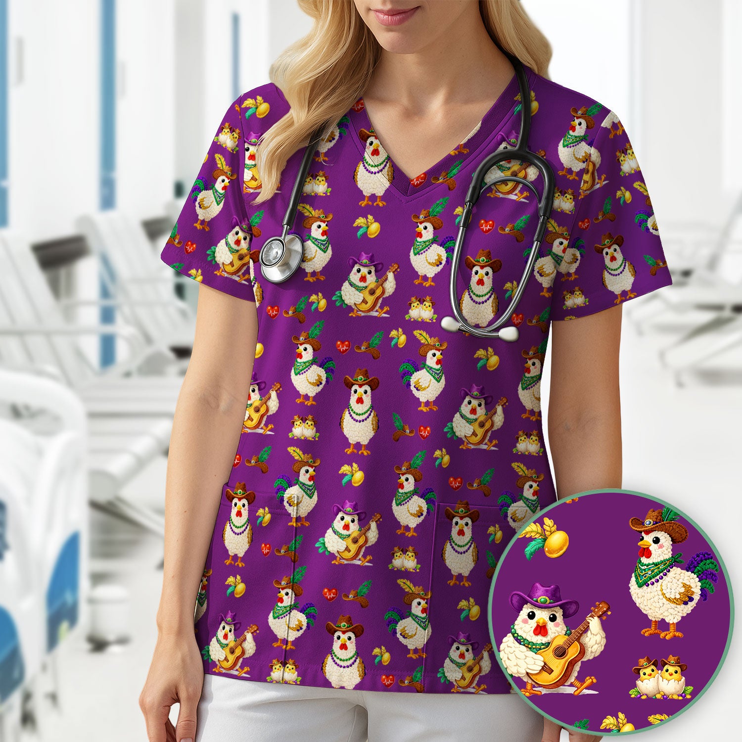 Funny Mardi Gras Rooster Cowboy Print Scrub Top, Comfortable Scrubs for Nurses