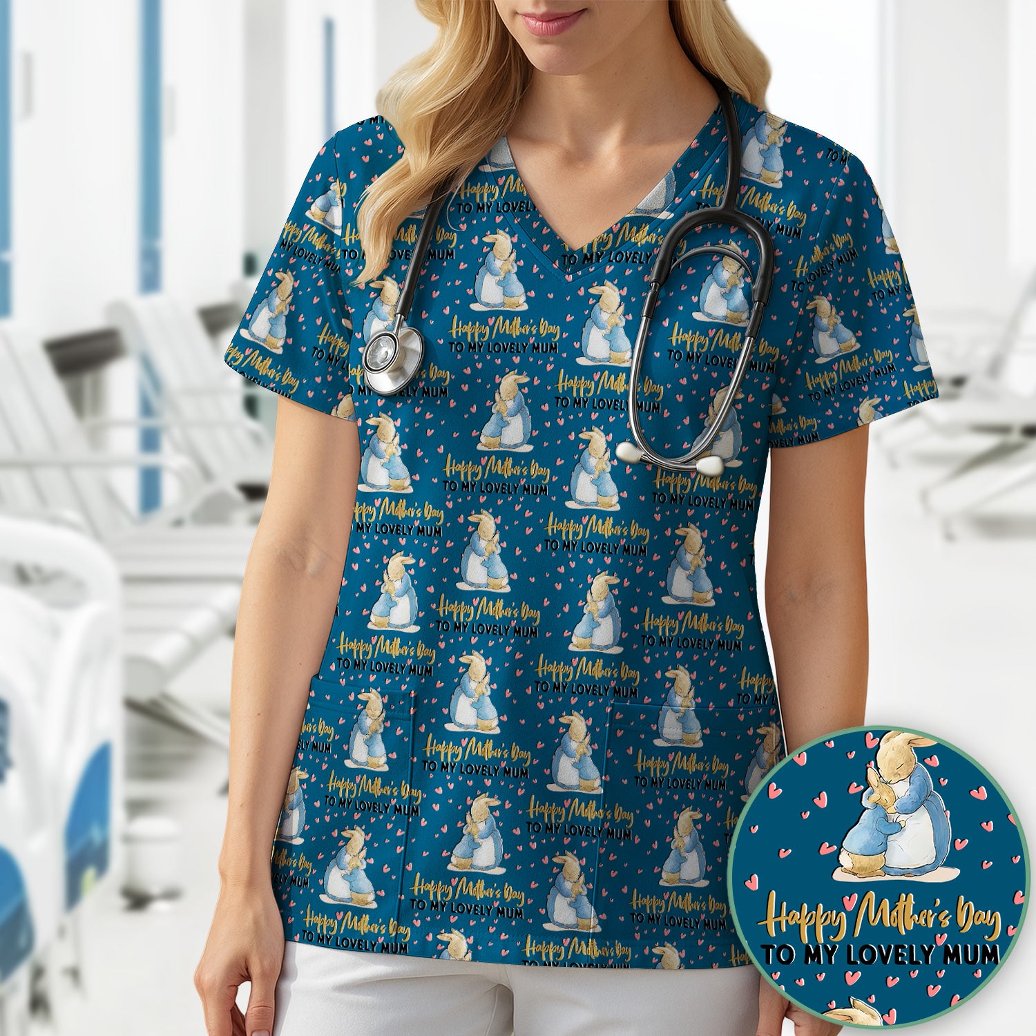 Happy Mothers Day Bunny Love Pattern Scrubs Top, Comfortable Scrubs for Nurses