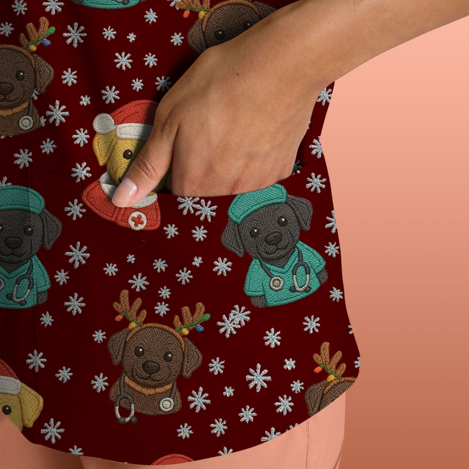 Christmas Dog Pattern Scrub Top, Cute Puppy Nurse Scrub Shirt, Holiday Nursing Uniform