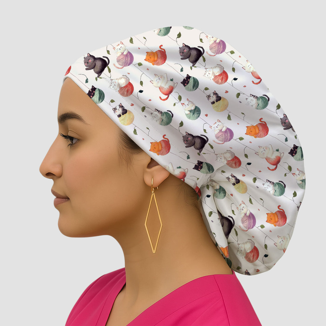 Cute Cats Playing Yarn Balls Pattern Print Cap, Bouffant Scrub Caps for Women