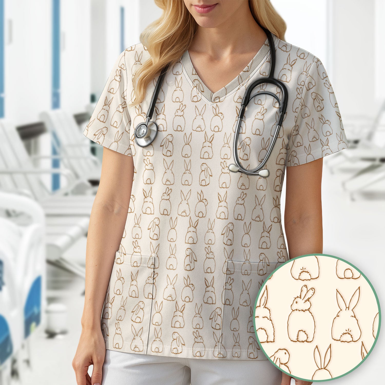 Cartoon Bunny Line Art Pattern Medical Scrub Top, Comfortable Scrubs for Nurses, Easter