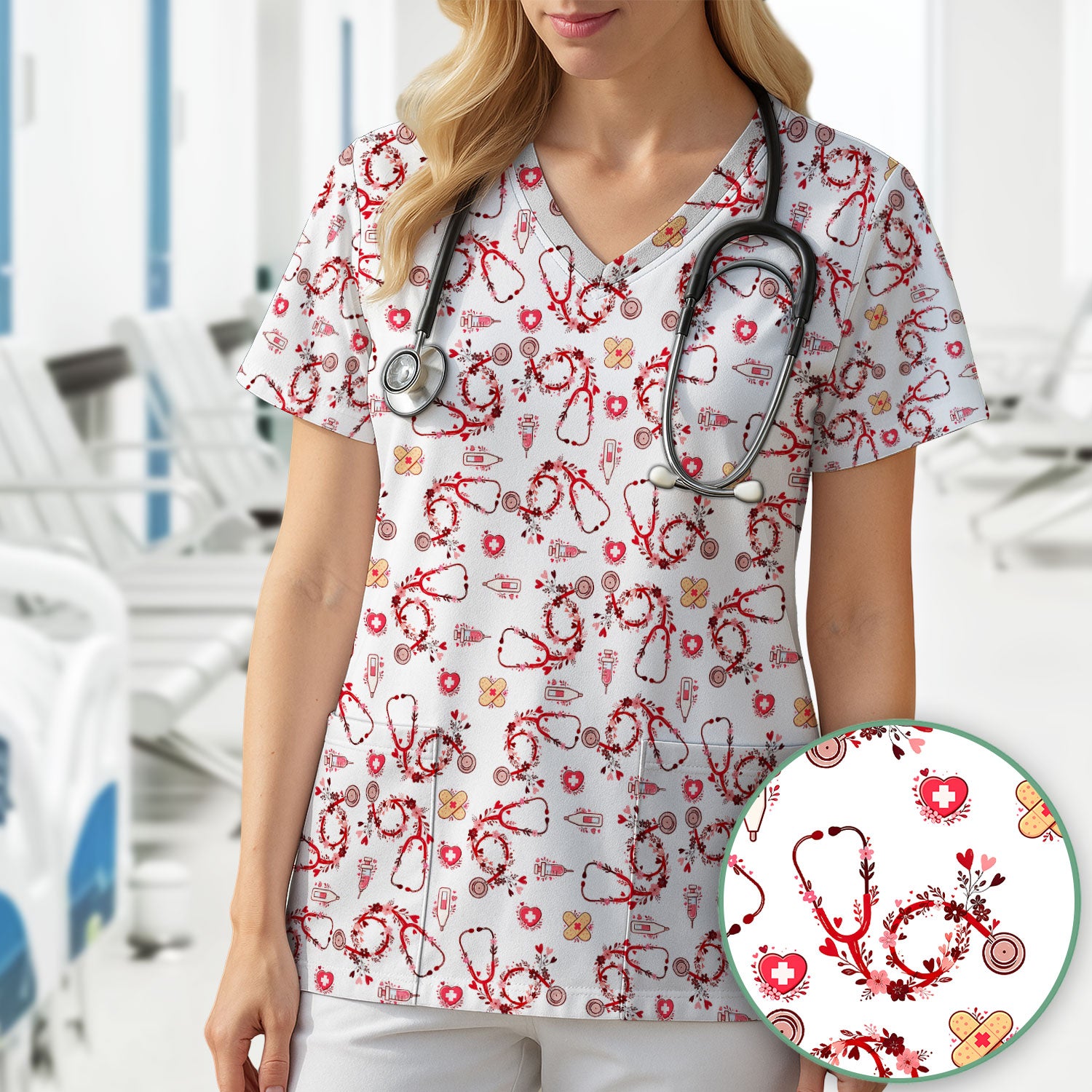Heart Stethoscope Medical Pattern Scrub Top, Breathable Fabrics Nursing Uniform