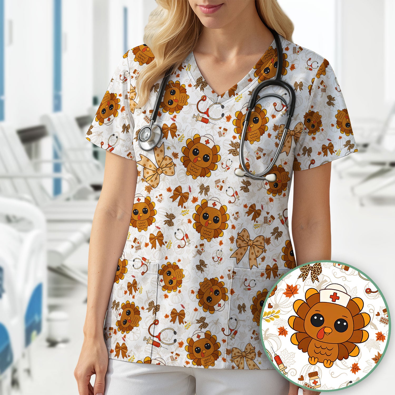 Thanksgiving Turkey Nurse Scrub Top for Women - Cute Fall Leaves and Bow Shirt - Autumn Medical Shirt Gift for RN CNA LPN Doctor