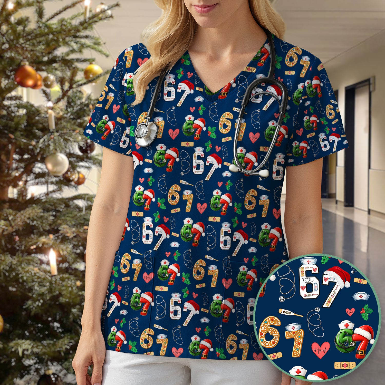 Christmas Nurse 67 Pattern Scrub Top, Cute Holiday Medical Shirt With Santa Hat, Uniform For Nursing