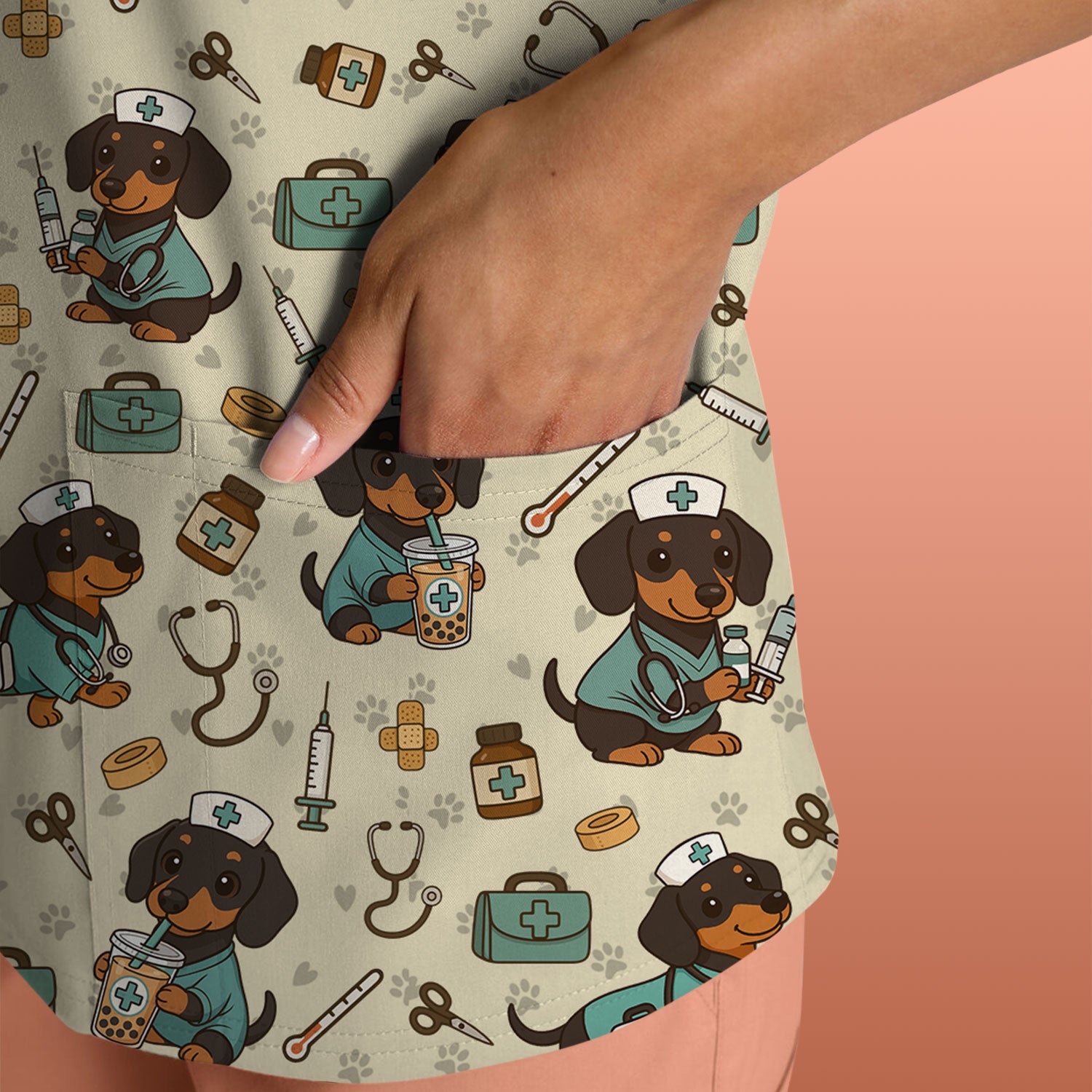 Funny Dachshund Nurse Scrubs - Cute Dog Print Medical Shirt - Holiday Nurse Scrub Top Gift for RN CNA Doctor, Women & Men
