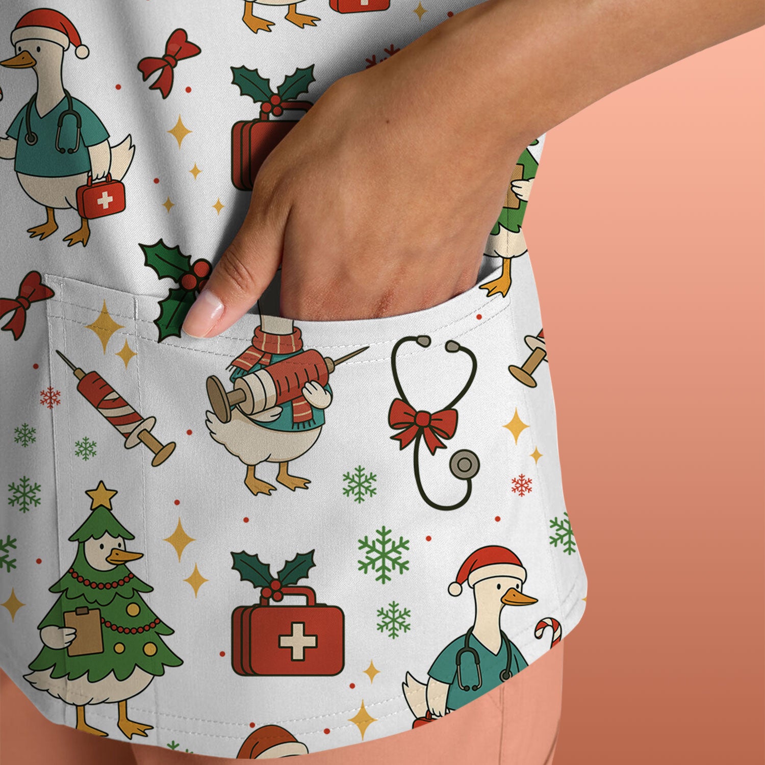 Christmas Duck Nurse Scrub Top for Women - Cute Santa Claus Pattern - Funny Holiday Nursing Shirt Gift for RN LPN CNA