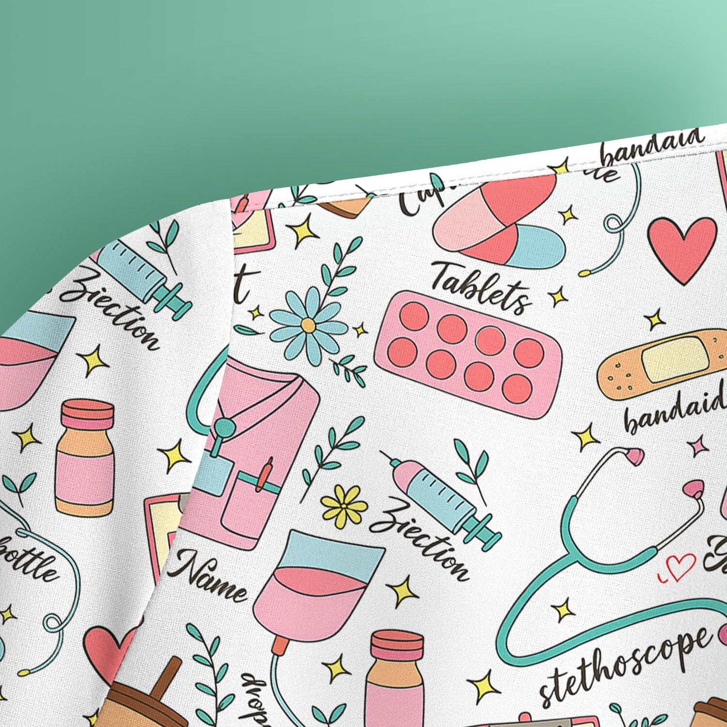 Cute Nurse Scrub - Colorful Medical Uniform Shirt with Coffee, Stethoscope & Pills - Fun RN LPN CNA Nursing Gift for Women