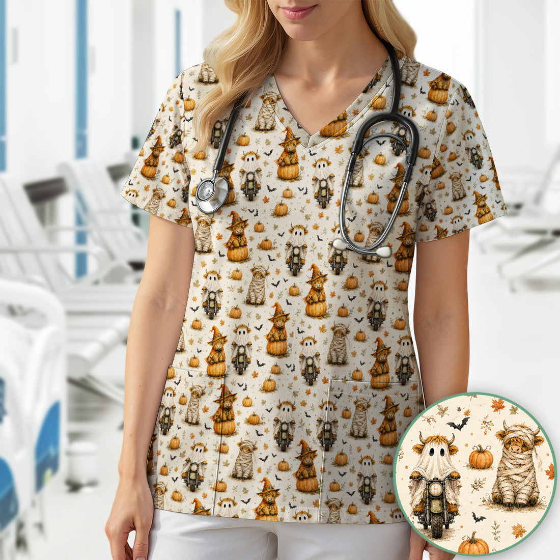 Halloween Highland Cow Costumes Scrub Top, Comfortable Scrubs for Nurses