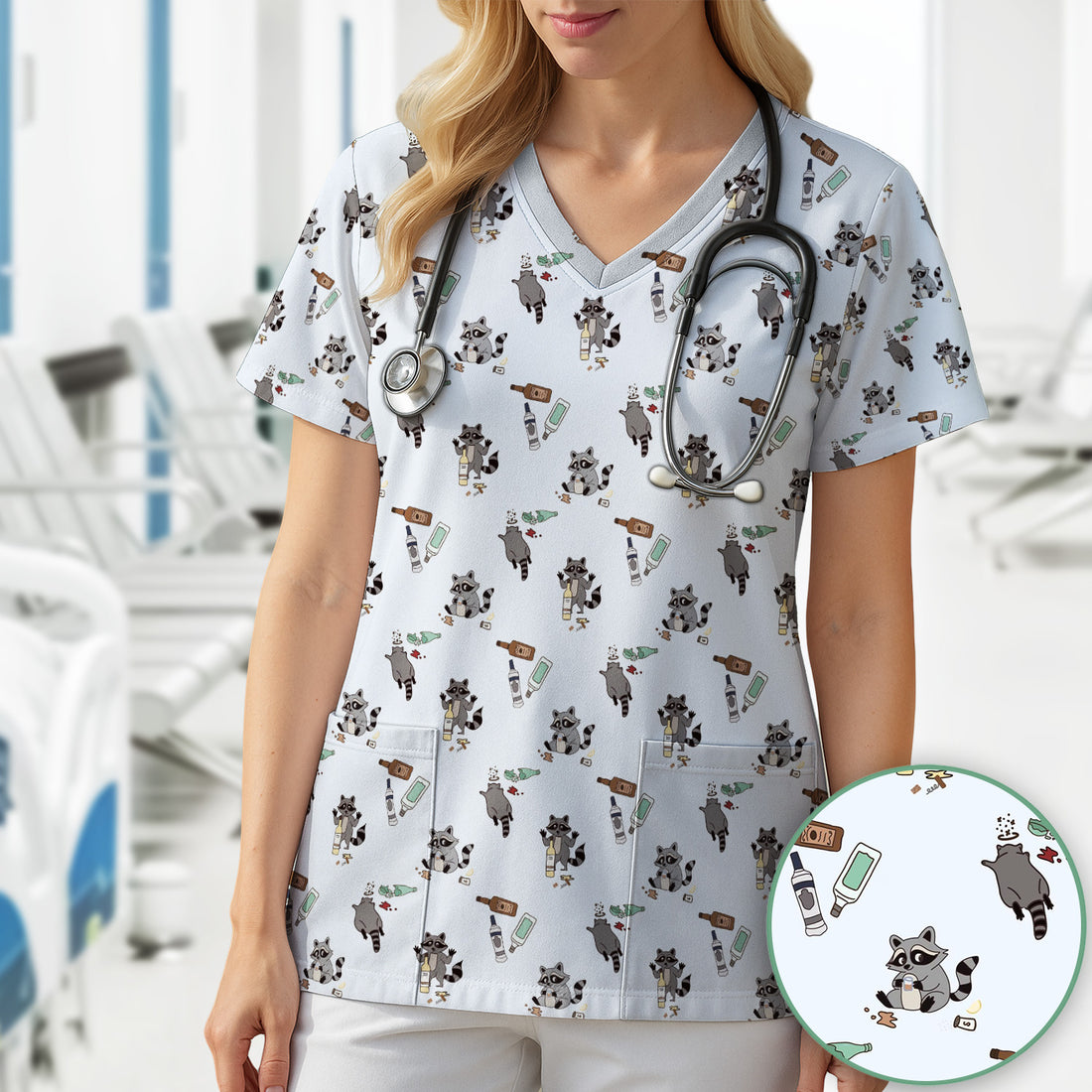 Messy Drunk Raccoon Pattern Scrub Top, Comfortable Scrubs for Nurses