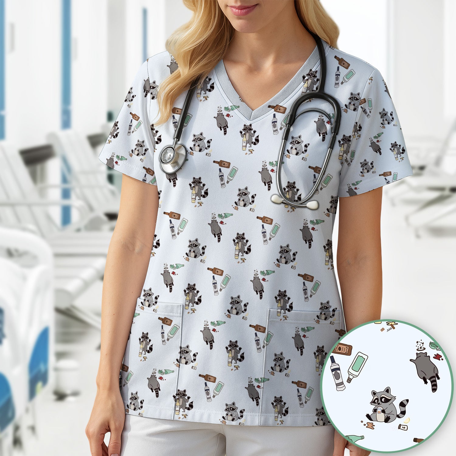 Messy Drunk Raccoon Pattern Scrub Top, Comfortable Scrubs for Nurses