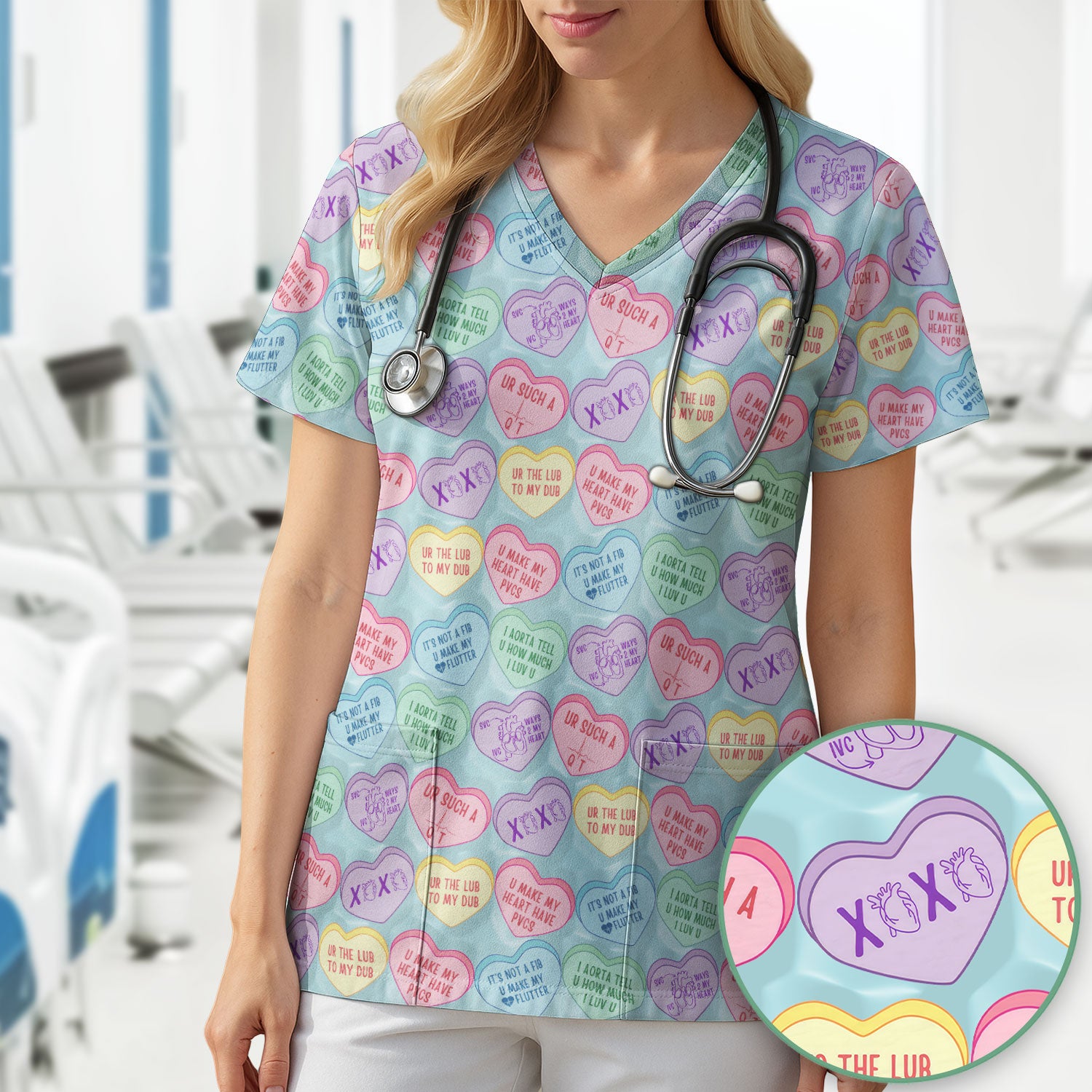 Medical Candy Heart Valentine Pattern Scrub Top, Fun Medical Pattern, Comfortable Scrubs for Nurses