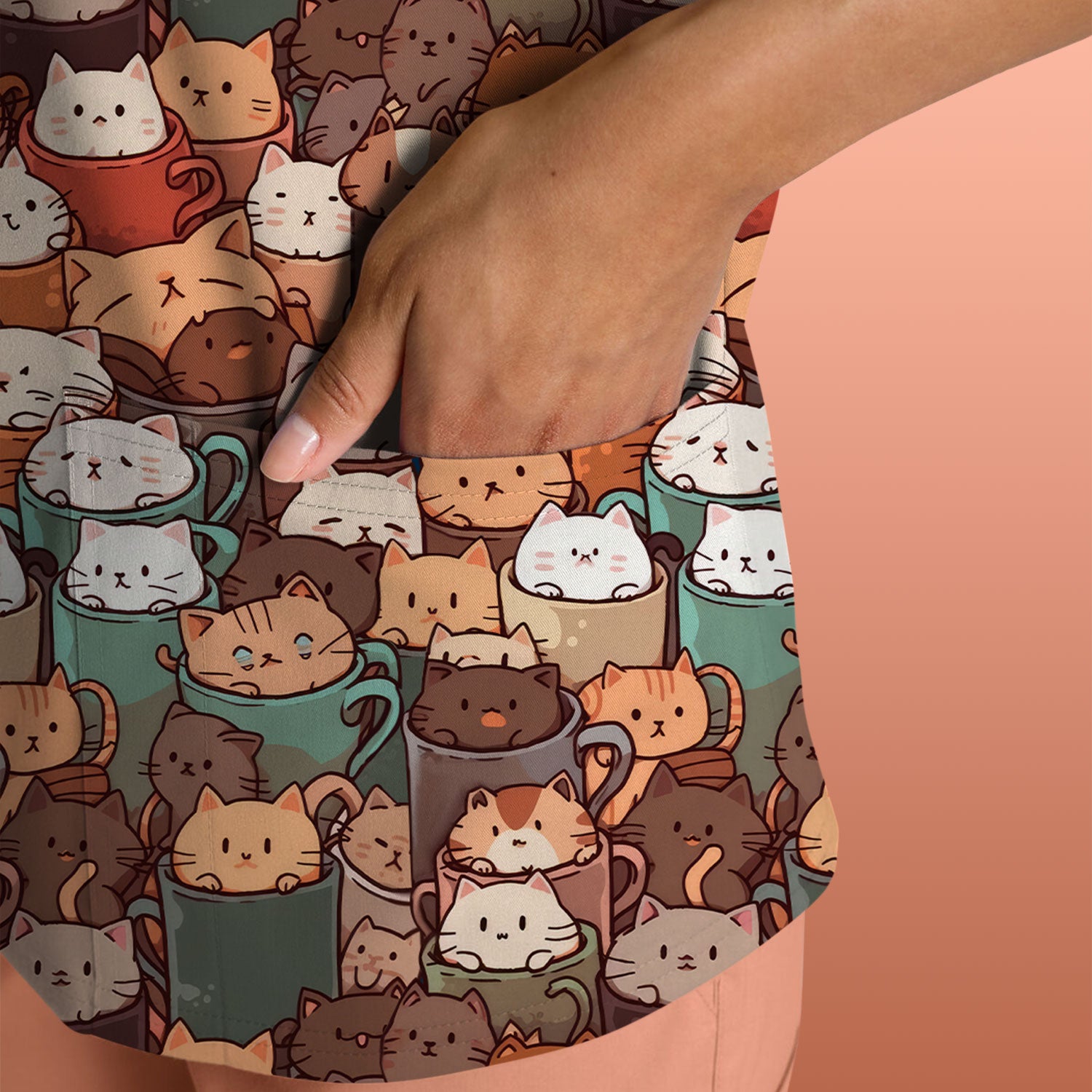 Cute Coffee Cat Scrub Top, Cozy Kittens in Mug Pattern Nurse Shirt, Breathable Fabrics Nursing Uniform