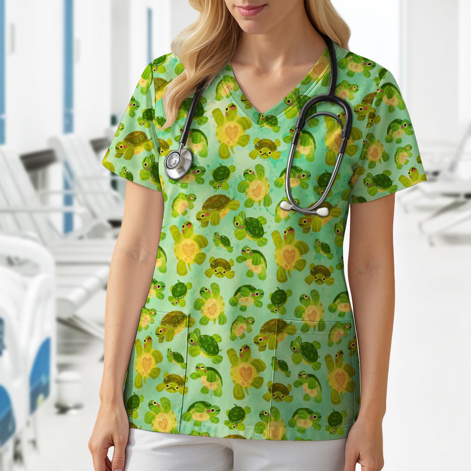 Cute Green Sea Turtle Pattern Scrubs Top, Breathable Fabrics Nursing Uniform