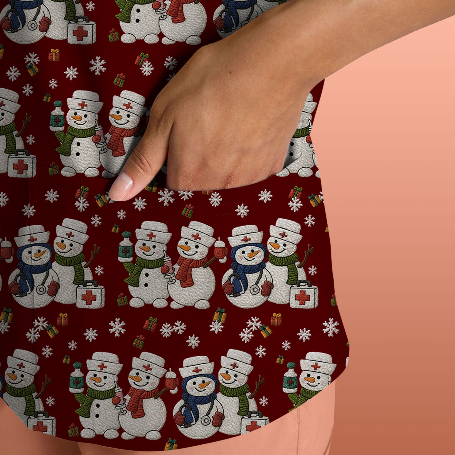 Cute Christmas Snowman Nurse Pattern Scrub Top, Breathable Fabrics Nursing Uniform