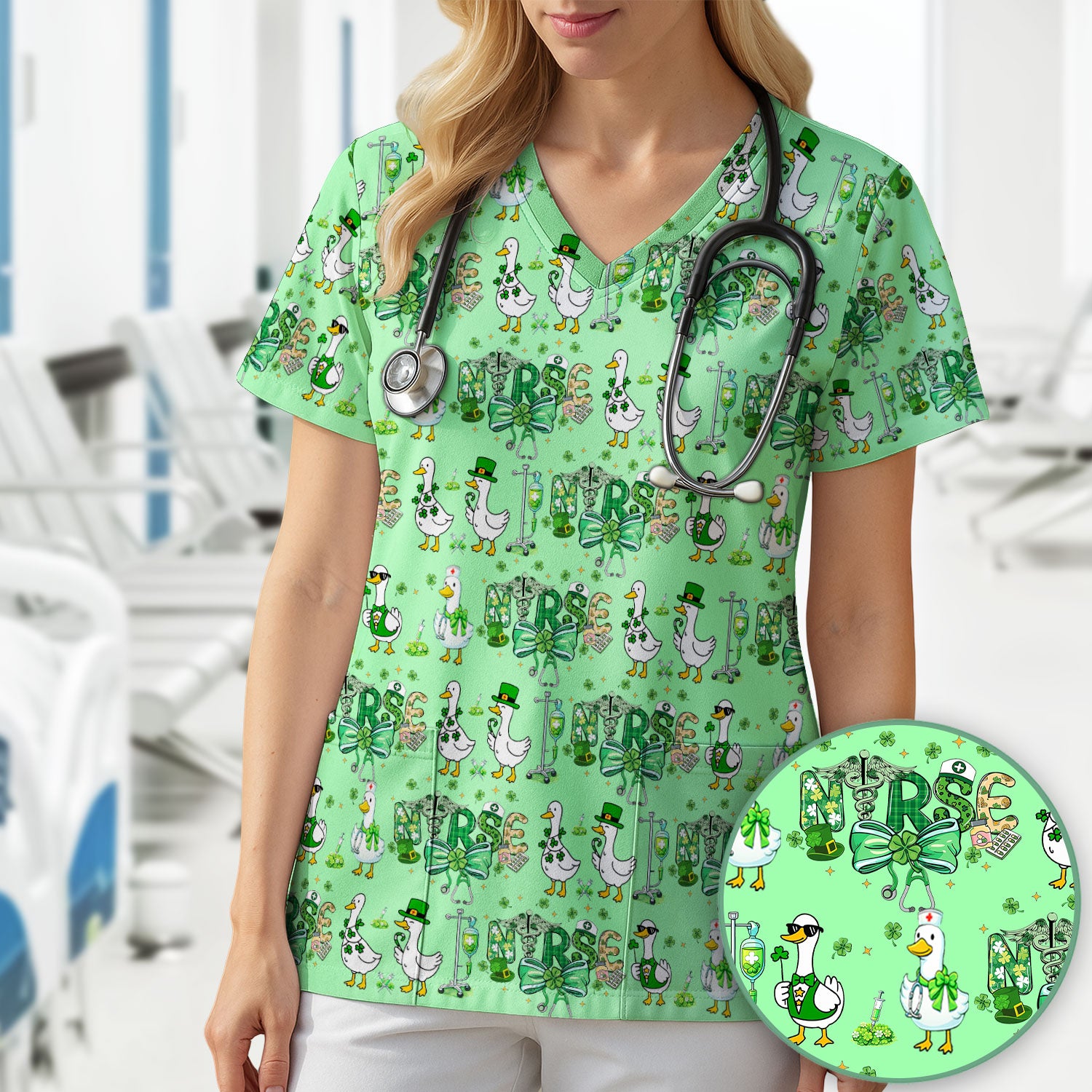Funny Goose Nurse Shamrock Scrub Top, St. Patrick’s Day Nurse Pattern Shirt, Breathable Fabrics Nursing Uniform