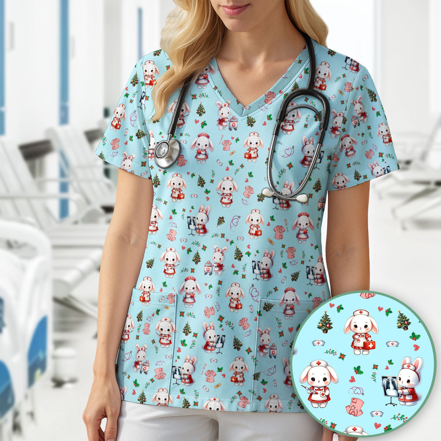 Cute Bunny Scrub Top for Nurse - Adorable Christmas Rabbit Shirt - Funny Holiday Medical Shirt Gift for Women RN LPN CNA