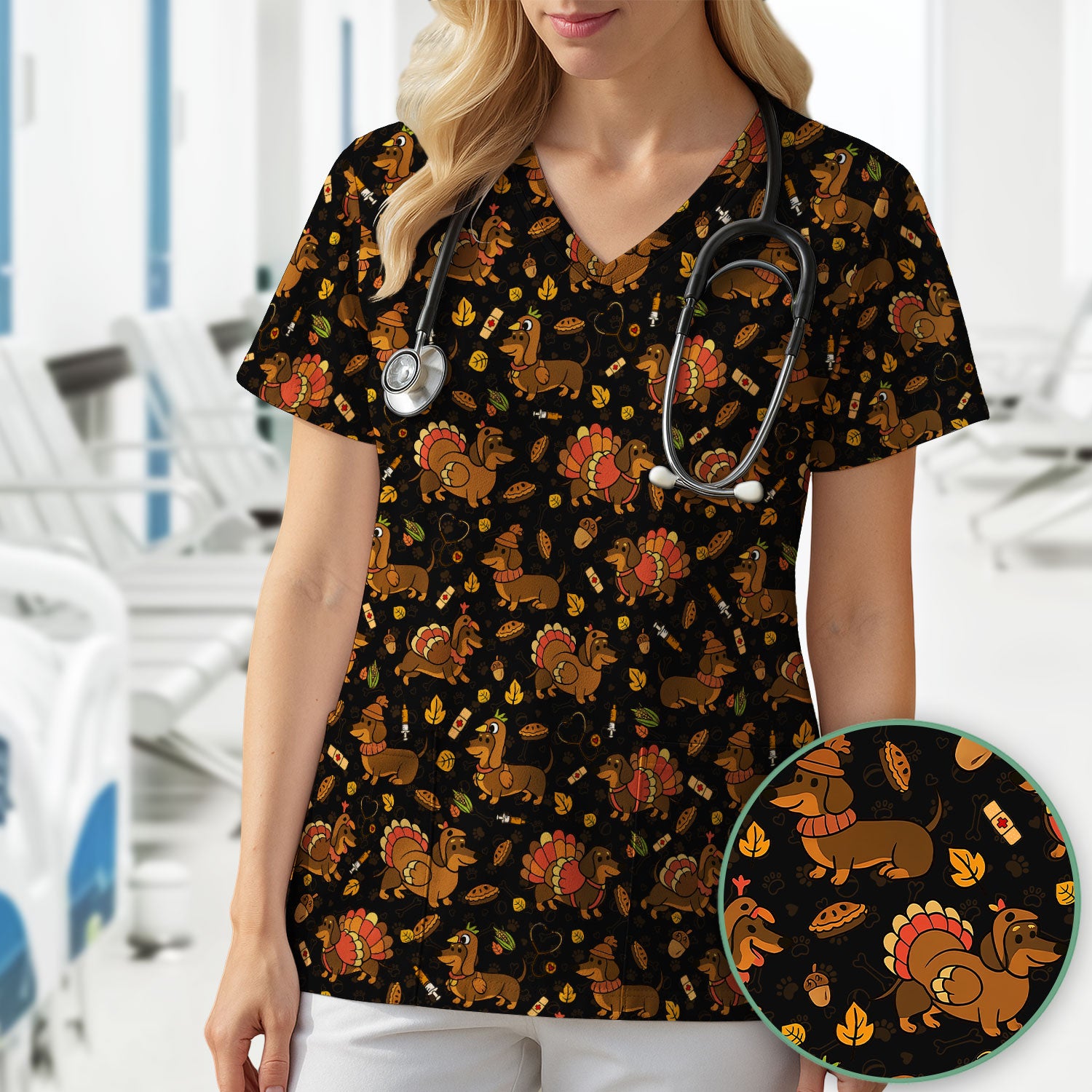 Thanksgiving Dachshund Scrubs Top - Cute Dog Turkey Medical Uniform Shirt for Nurses - Funny Holiday Gift