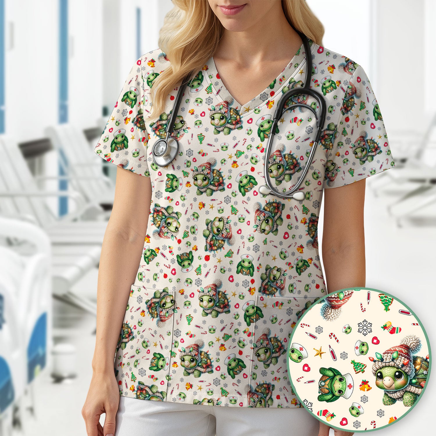 Christmas Turtle Scrub Top - Cute Funny Nurse Shirt - Holiday Medical Uniform for Women RN LPN CNA Gift Idea