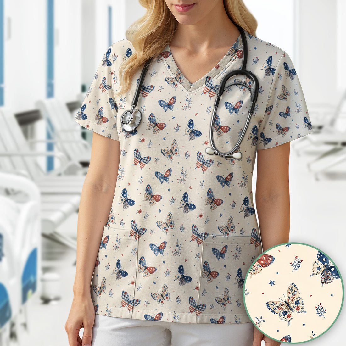 Fourth Of July Butterfly Print Scrub Top, Comfortable Scrubs for Nurses