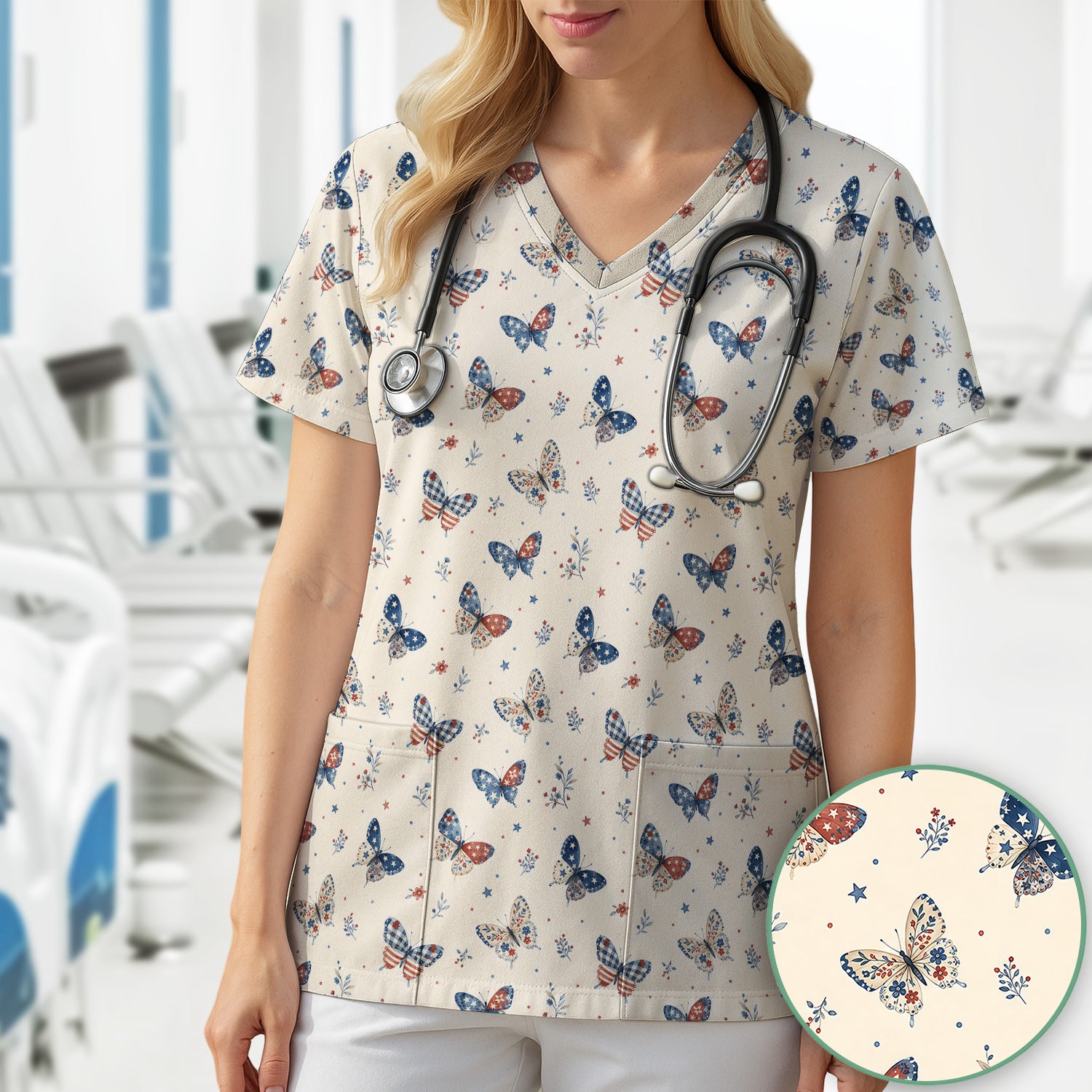 Fourth Of July Butterfly Print Scrub Top, Comfortable Scrubs for Nurses