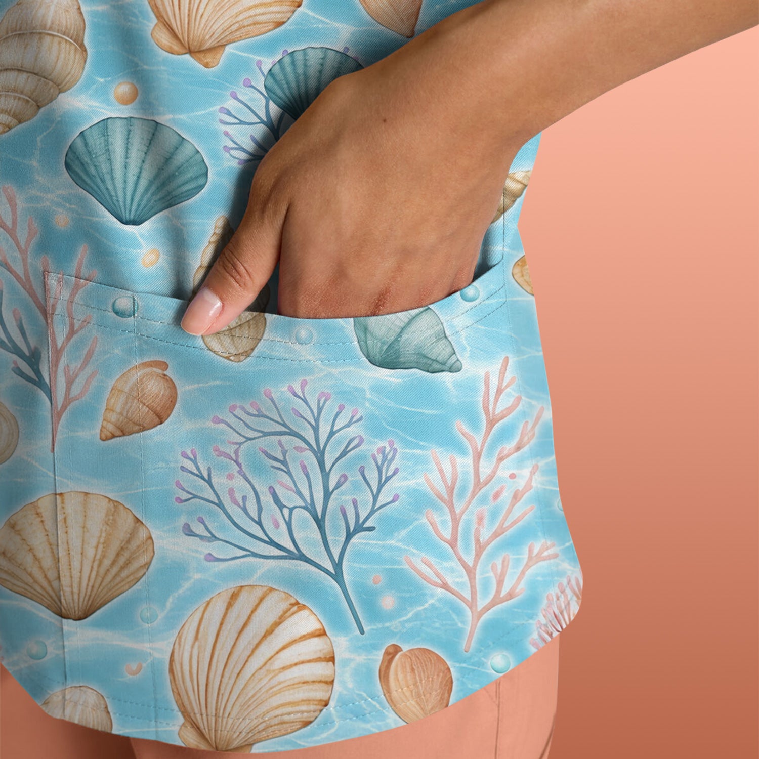 Cute Nurse Coastal Seashell And Coral Reef Scrub Top, Breathable Fabrics Nursing Uniform