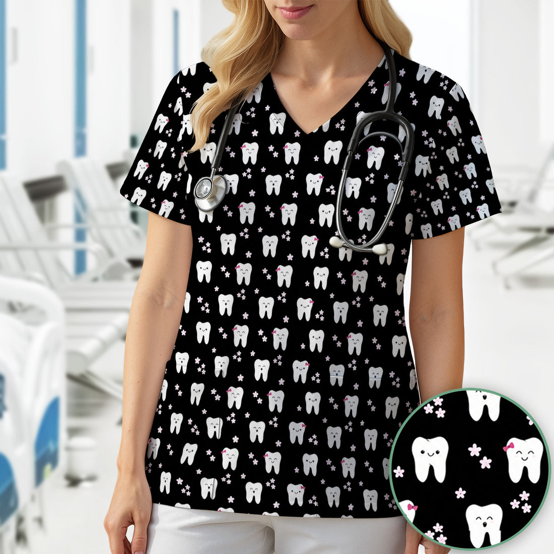 Cute Smiling Tooth And Flowers Scrub Top, Comfortable Scrubs for Nurses
