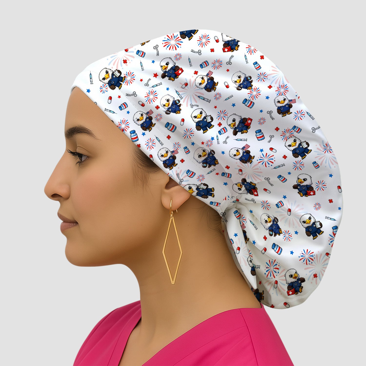 Patriotic Nurse Eagle Fireworks Medical Pattern Cap, Bouffant Scrub Caps for Women